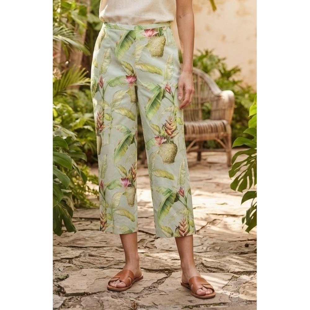 KulaKula Silk Tropical Floral Palm Cropped Wide Leg Pants Women's L Green Resort